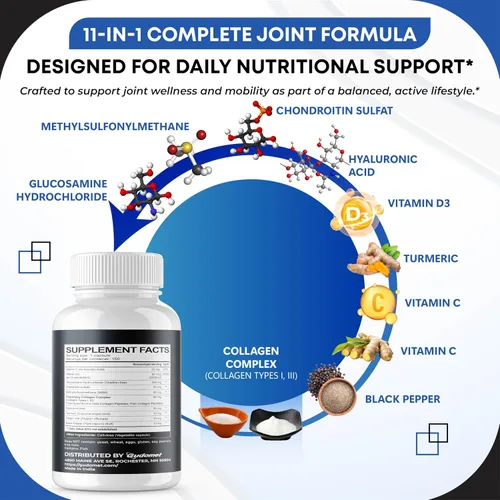 Miniatura 4 de Glucosamina Condroitina Sulfato Metilsulfonilmetano Ácido Hialurónico Cúrcuma Jengibre Vitamina C, D3, Pimienta Negra -150 Cápsulas