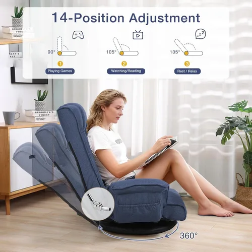 Miniatura 4 de Linen Fabric Ergonomic Gaming Chair, 6-Position Reclining Sofa Bed with Lumbar Support, Foldable Floor Lounger with Thick Cushion, Armrests & Side