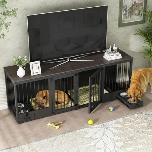 Miniatura 8 de Mueble estilo jaula para perros grande para 2 perros, perrera de madera resistente de 86.6" con cajones y divisor para comedero de perros, perrera