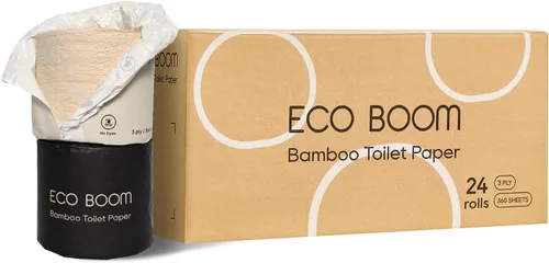 Miniatura 7 de ECO BOOM Papel higiénico de bambú sin blanquear, 100% libre de deforestación y sin plástico, 3 capas resistentes, certificado FSC, sin fragancia, 9