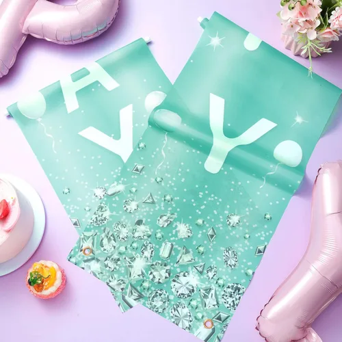 Miniatura 7 de Cartel de puerta de feliz cumpleaños plateado verde azulado con diamantes de imitación turquesa, decoración de cumpleaños azul claro dulce 16 feliz