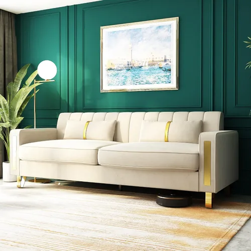 Sofá cama modular de tela de terciopelo de 85.62 pulgadas, 3 asientos, fácil de montar con 2 almohadas de sofá, patas de metal dorado para sala de