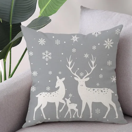 Miniatura 3 de Juego de 2 fundas de almohada de Navidad grises de 18 x 18 pulgadas, juego de 2 fundas cuadradas decorativas de lino con copos de nieve de ciervos