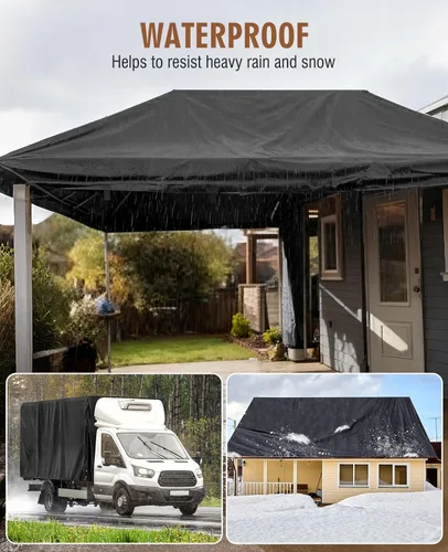 Miniatura 5 de HIRALIY Lona impermeable resistente de 20 mil, lona negra de 7 x 12 pies con bucles de cincha reforzados, lona de tela Oxford multiusos para leña