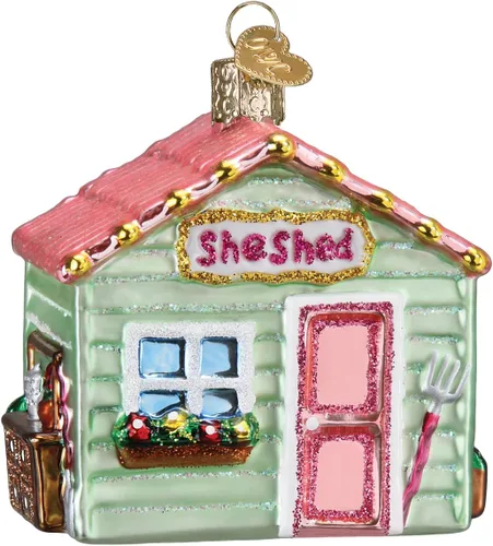 Old World Christmas She Shed - Adorno de cristal soplado para árbol de Navidad, decoración navideña hecha a mano, colección de jardín
