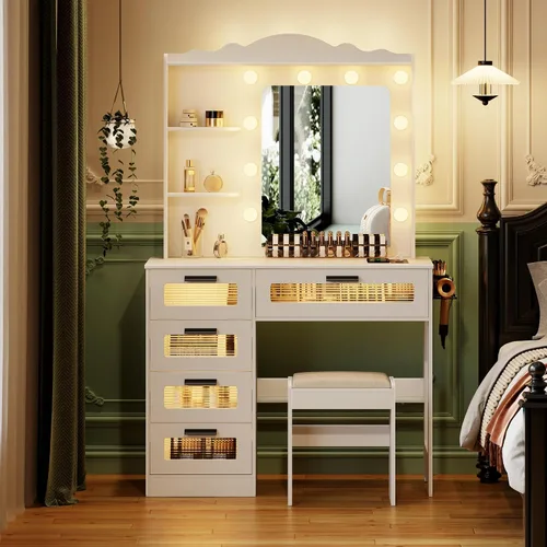 HWB Escritorio de maquillaje con espejo y luces, mesa de tocador con 5 cajones y 2 estantes, juego de tocador para dormitorio, tocador con 10