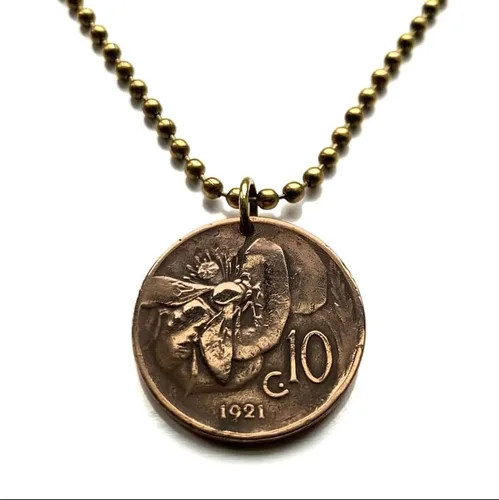 Miniatura 2 de 1923 Italy Italia 10 Cent coin pendant honey bee bumble bee beekeeper honey farmers pollination beehive Roma Milan Florence Venice Napoli Turin Pisa