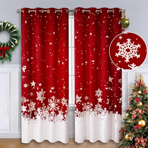 Miniatura 12 de CAROMIO, cortinas de Navidad para sala de estar, juego de 2 paneles, cortinas largas de terciopelo de 63 pulgadas, cortinas decorativas con copos