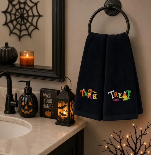 Miniatura 5 de Juego de 2 toallas de mano decorativas de Halloween, toallas de algodón de terciopelo de felpa negra con diseño bordado de truco o trato, toallas