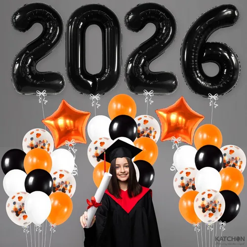 Miniatura 8 de KatchOn, Juego de globos negros 2026, gigantes de 40 pulgadas, paquete de 34 Globos de graduación naranja y negro 2026, decoraciones de graduación