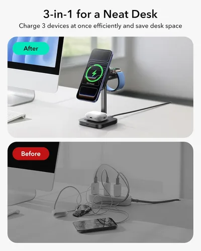 Miniatura 3 de ESR para estación de carga 3 en 1, soporte de cargador MagSafe certificado Qi2.2 de 25W con CryoBoost, estación de carga rápida con enfriamiento