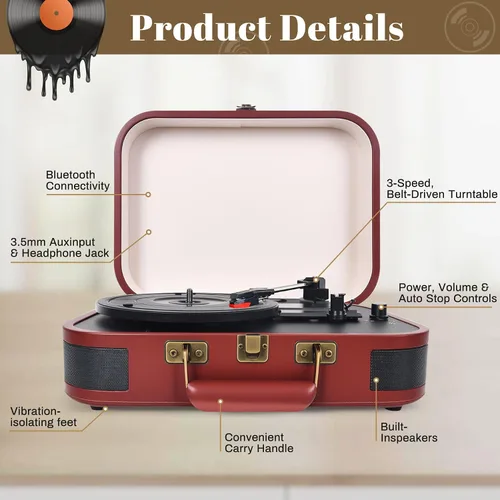 Miniatura 2 de Tocadiscos Vintage Suitcase, tocadiscos portátil Bluetooth de 3 velocidades con altavoces integrados, para discos de vinilo de 7/10/12 pulgadas