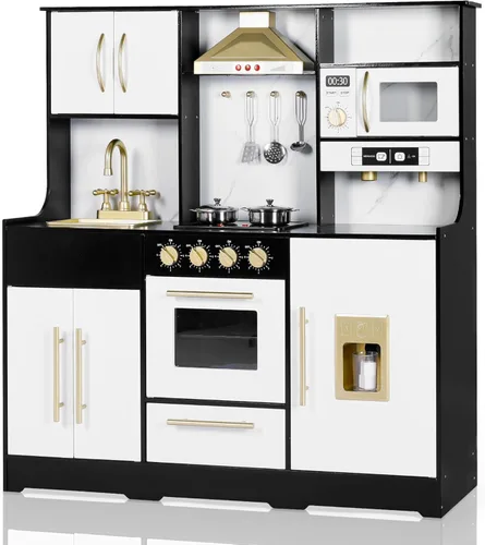 TODEFULL Juego de cocina para niños, cocina de madera con sistema de almacenamiento de juguetes, juego de cocina con campana extractora, máquina de