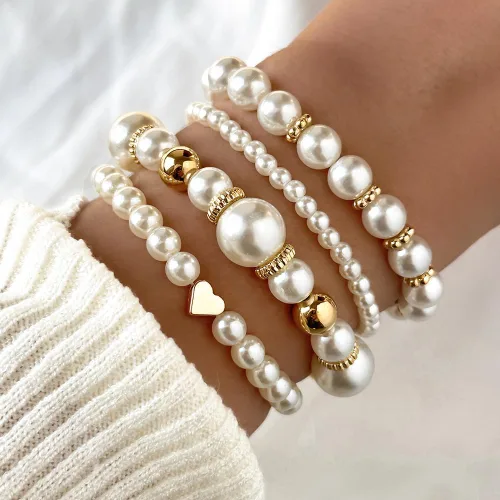 Miniatura 3 de Pulseras de perlas para mujer, pulsera de perlas de imitación con cuentas de perlas blancas, juego de pulseras elásticas apilables, pulseras