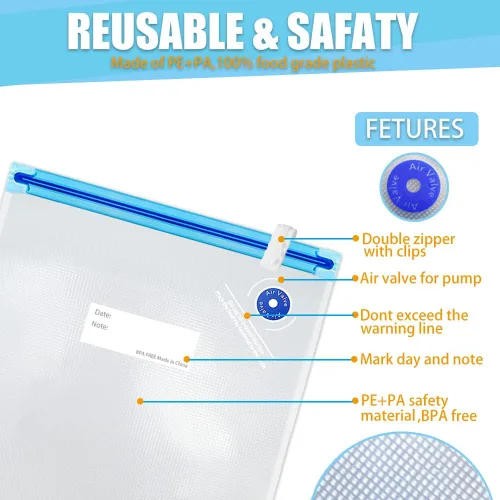 Miniatura 6 de Juego de 15 bolsas supergrandes para Sous Vide, bolsas selladoras al vacío reutilizables sin BPA y 2 clips de sellado para almacenamiento
