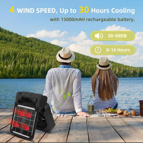 Miniatura 6 de Ventilador solar para camping de 20000 mAh, portátil, recargable, ventilador solar para cenador con luz LED y temporizador, batería inalámbrica de 4