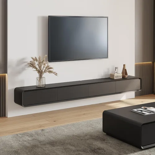 Miniatura 13 de POVISON - Soporte de TV flotante minimalista totalmente ensamblado, moderno centro de entretenimiento montado en la pared con 3 puertas abatibles