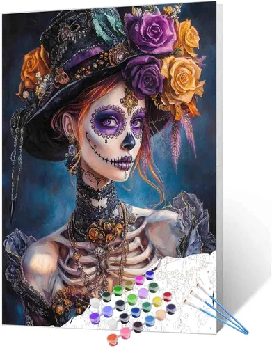 Miniatura 15 de Pintura por números para parejas tomadas de la mano, para adultos, principiantes, Día de los Muertos, Esqueleto, Pintura por números sobre lienzo