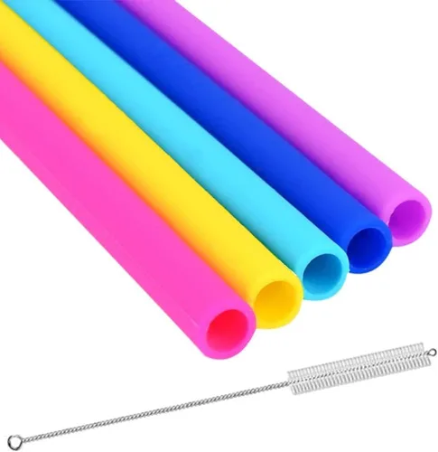 Pajitas de silicona reutilizables – Juego de 5 – Sin BPA – Cepillo de limpieza gratis incluido – Pajitas de grasa extra anchas de 10 pulgadas de