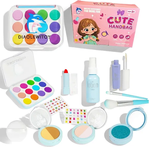 Kit de maquillaje de simulación para niñas, 15 piezas, azul | Juguetes cosméticos falsos, para edades de 3, 4, 5, 6, 3-6 años, regalos de cumpleaños