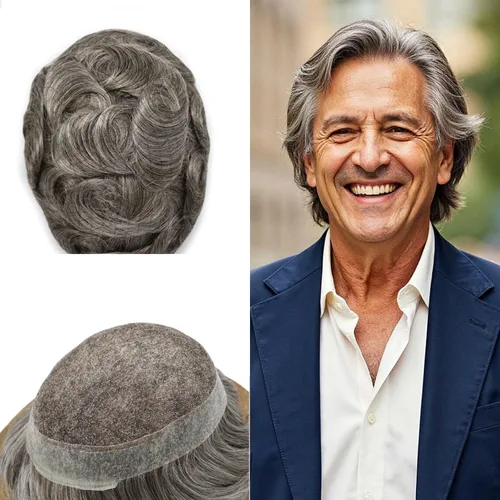 Miniatura 64 de Sistema de reemplazo de cabello de encaje francés para hombre, piezas de cabello de aspecto natural, color negro, marrón, rubio, gris, protesis