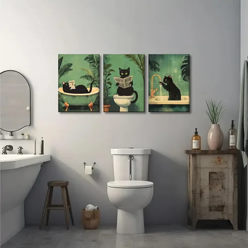 Miniatura 9 de 3 piezas de divertidos carteles de gato negro en lienzo para pared de baño Arte de pared vintage Gato se lava las patas leyendo el periódico