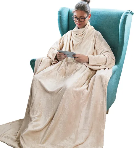 Miniatura 10 de Tirrinia Manta de Forro Polar Vestible con Capucha y Mangas para Adultos Mujeres y Hombres, Súper Suave Cómoda de Felpa Funcional Manta de TV Throw