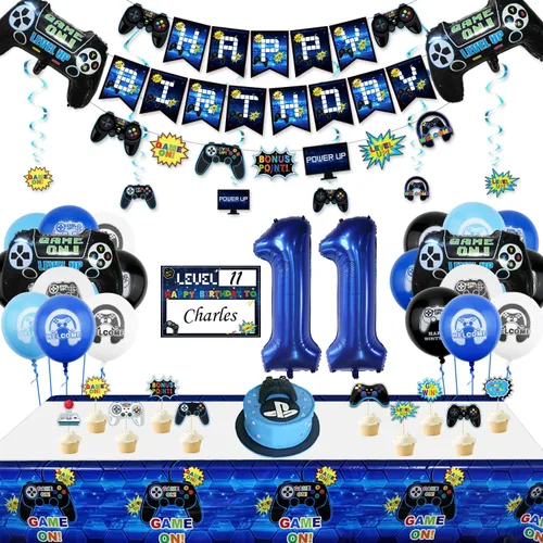 Miniatura 10 de Decoraciones de fiesta de videojuegos – Decoraciones de 7º cumpleaños para niños, pancarta de feliz cumpleaños, globos de videojuegos, globos azules