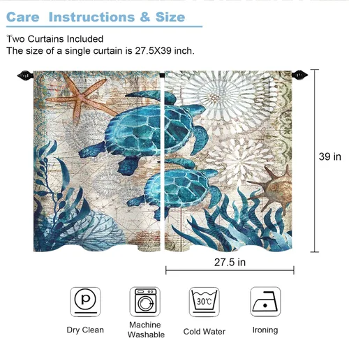 Miniatura 3 de Cortinas cortas de cocina con diseño náutico de tortugas marinas azules y playas, media cortina de baño para dormitorio, juego de 2 paneles de 27.5