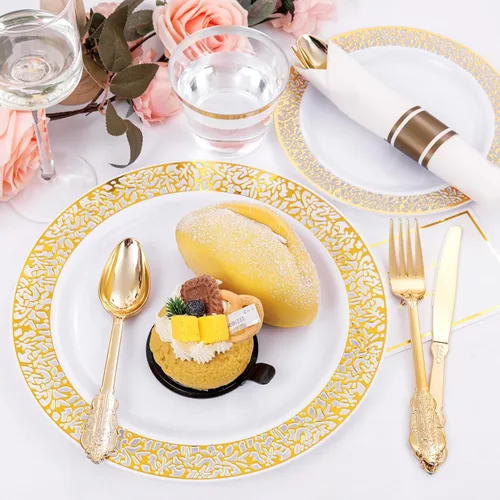 Miniatura 3 de DaYammi 210 platos de plástico dorados, juegos de vajilla de plástico dorado, incluye: 30 platos llanos, 30 platos de ensalada, 30 servilletas Y oro.