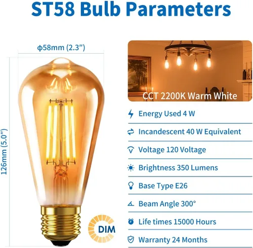 Miniatura 5 de ANWIO Luces LED Vintage Edison ST58/ST19 Bombillas de Luces de Filamento LED, 4W (Equivalente a 40 Vatios) Regulables 2200K Blanco Cálido E26 Base