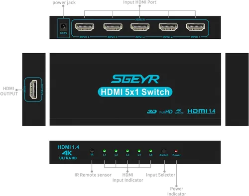 Miniatura 2 de Conmutador HDMI SGEYR 5x1, conmutador HDMI 5 en 1, selector HDMI de 5 puertos, caja con control remoto IR, HDMI 1.4, HDCP 1.4, compatible