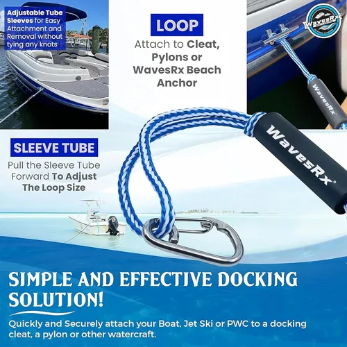 Miniatura 2 de WAVESRX DockingPal - Línea de muelle elástico prémium para barcos y PWC Cuerda de amarre elástica que se estira para absorber golpes y evitar