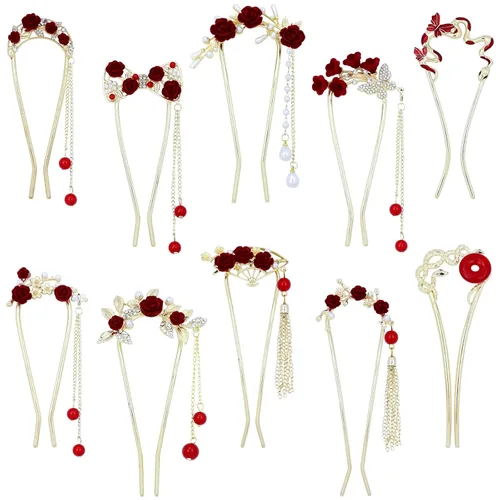 Miniatura 12 de Lawie Paquete de 10 horquillas de metal dorado en forma de U, con forma de mariposa, palillos curvados para palos de pelo con colgantes, horquillas