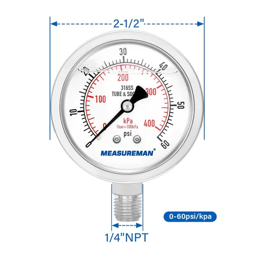 Miniatura 7 de MEASUREMAN - Medidor de presión hidráulico lleno de glicerina totalmente de acero inoxidable, tamaño de esfera de 2 – 1/2 pulgadas, montaje inferior