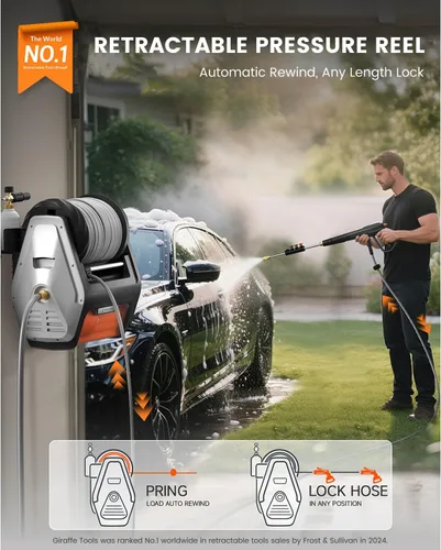 Miniatura 2 de Giraffe Tools Lavadora a presión de montaje en pared PRO con máximo 3700PSI 1.6 GPM, motor sin escobillas mejorado de 1800 W, hidrolavadora Plateado