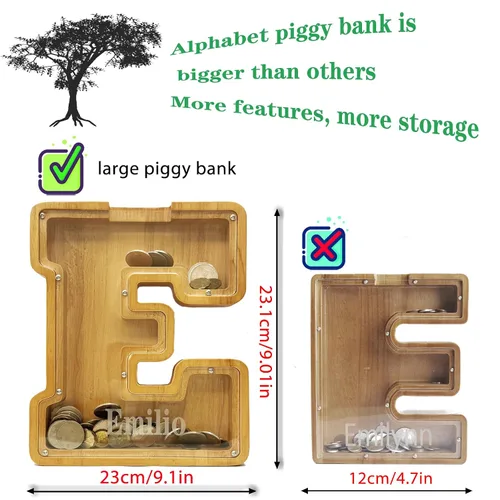 Miniatura 4 de Alcancía Personalizada de Madera con Alfabeto - Alcancía para Niños - Alcancía para Niños y Niñas - Alcancía de Monedas - Banco - Puede Usarse como