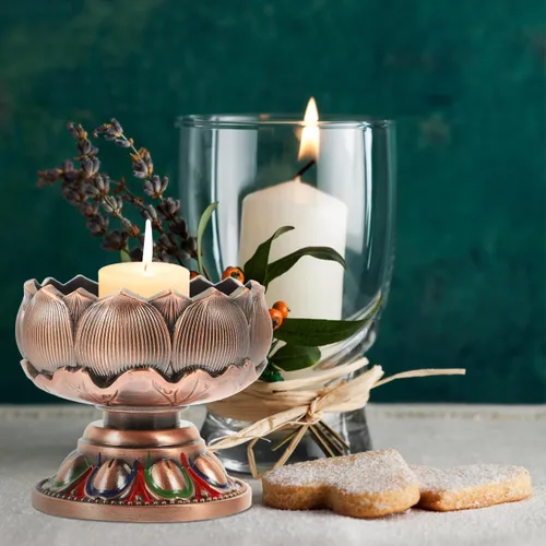 Miniatura 7 de Vaguelly Portavelas de cobre con forma de loto, soporte de luz de té de budismo, lámpara decorativa de mantequilla para el hogar y el salón de Buda