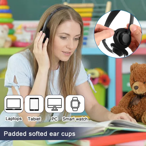 Miniatura 5 de Yunsailing Paquete de 20 auriculares a granel con diadema ajustable de 0.138 in, auriculares para programas de aprendizaje, laboratorio de Negro