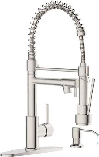Miniatura 15 de Grifo de cocina con dispensador de jabón, grifos de fregadero de cocina de resorte de una sola manija con rociador desplegable y placa de cubierta