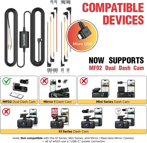Miniatura 8 de Miofive Kit de cable duro para cámara de salpicadero, kit de cable duro micro USB de 11.5 pies para cámara de salpicadero con kit de fusibles