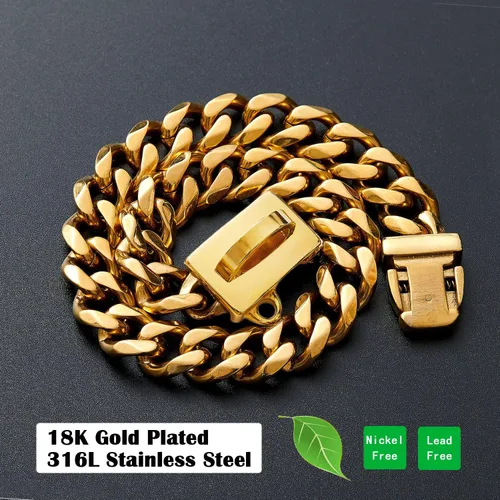 Miniatura 4 de Collar de cadena de acero inoxidable fuerte para perro con hebilla de fácil bloqueo y liberación, chapado en oro de 18 quilates, cadena de eslabones