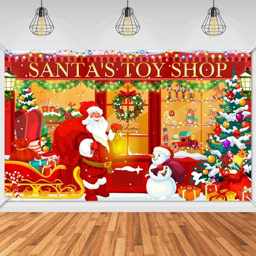 Avezano Telón de fondo de Navidad, pancarta roja de la tienda de juguetes de Santa para fotografía, fondo de tienda de Navidad, decoración de la