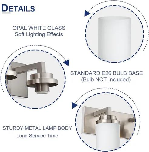 Miniatura 7 de TODOLUZ Lámpara de baño de 3 luces con pantallas de vidrio blanco ópalo, iluminación moderna de baño sobre espejo de níquel cepillado para cocina