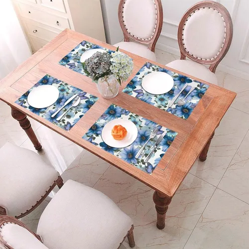 Miniatura 4 de 6 PCS PVC Placemats Set Place Mats Blooming Blue Daisy Non-Slip Weave Place Mats 12" x 18" Farmhouse Table Mat Set for Family Dinners Wedding Parties