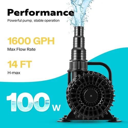 Miniatura 2 de VIVOHOME - Bomba de agua sumergible de 100W 1600GPH con boquilla ajustable sin costuras de 180° y bolsa de barrera para estanques de peces, cascadas