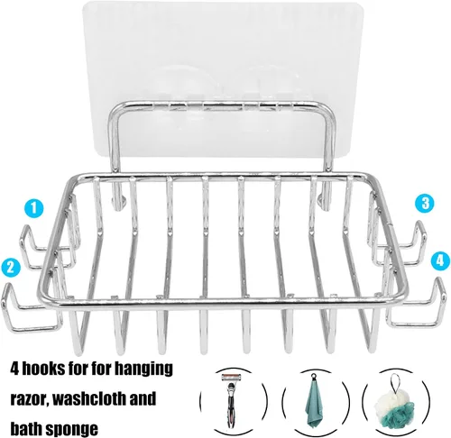 Miniatura 4 de Jabonera para ducha con 4 ganchos, paquete de 2 jaboneras de acero inoxidable para baño, soporte adhesivo para jabón para pared de ducha, plateado