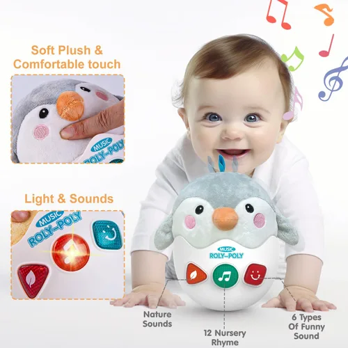 Miniatura 3 de Juguetes para bebés de 0-3-6-12 meses, regalos de ducha, peluche lindo con luces y sonidos, juguetes musicales para la barriga de pingüino