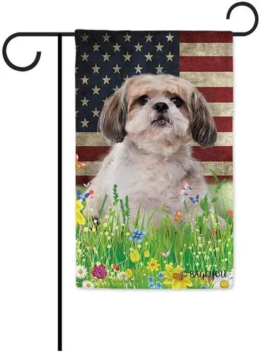 Bandera de jardín con bonito diseño de cachorro, Shih Tzu, con diseño de perro y mascota, bandera de Estados Unidos, flores silvestres, césped