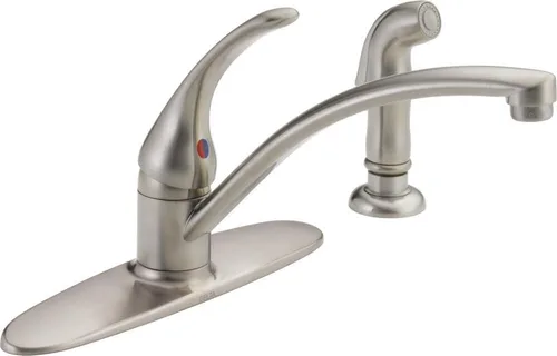 Delta Foundations B4410LF-SS - Grifo de cocina de níquel cepillado con rociador lateral, contemporáneo de 4 agujeros, mango único, acero inoxidable